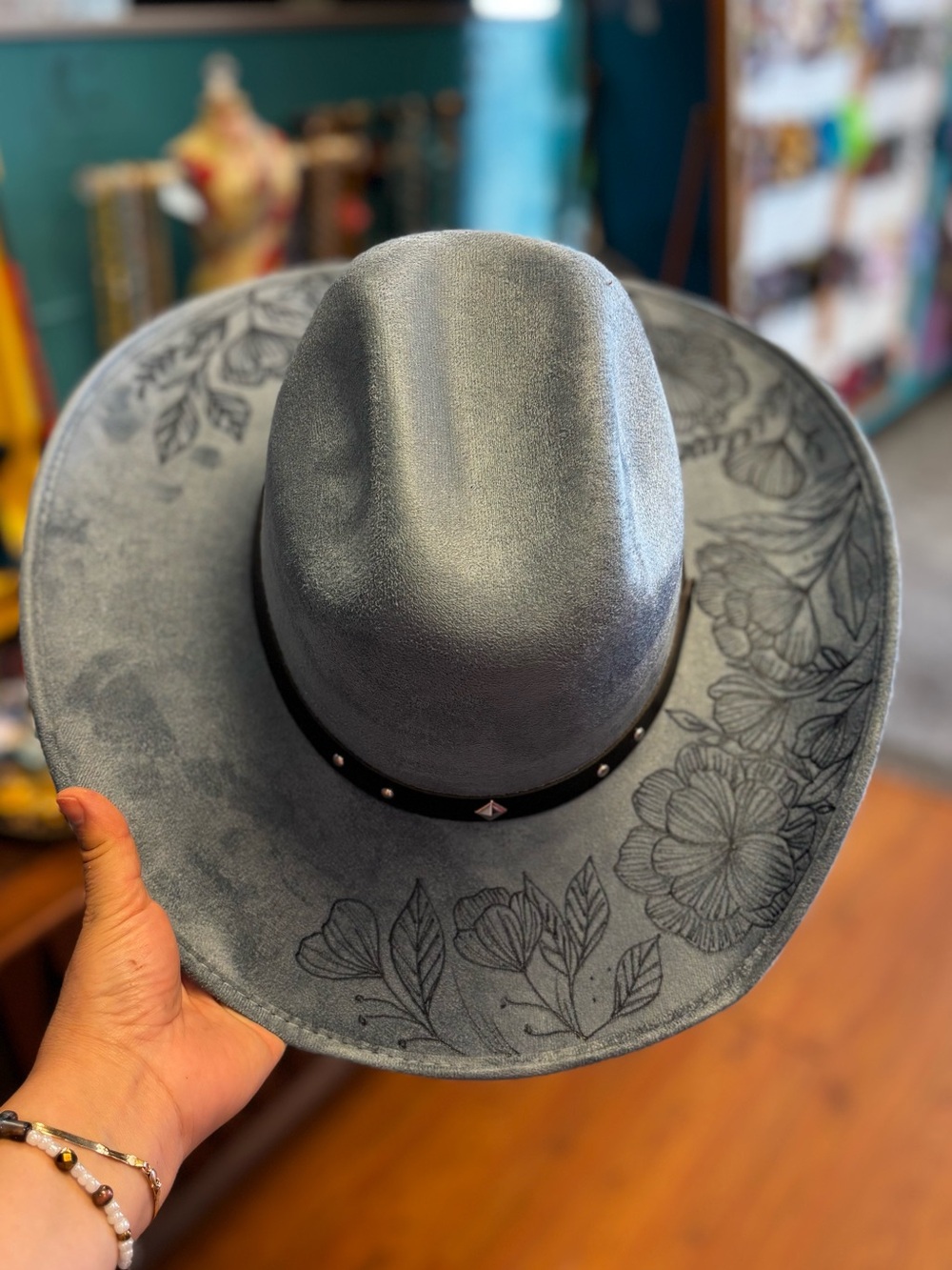 Hand-Engraved Gray Western Cowgirl Hat with Stud Trim